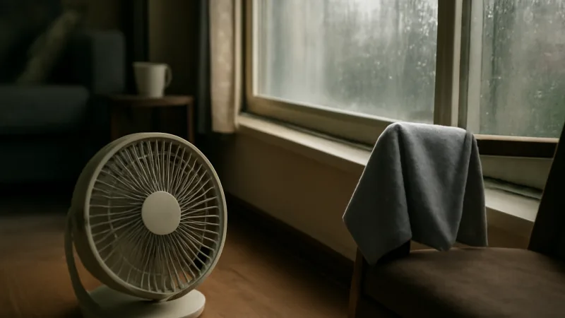Yağmur sonrası iç mekânda açık pencere, yerde çalışan bir vantilatör ve etrafa dağılmış günlük eşyalarla nemin hızla atılmasını anlatan gerçekçi bir fotoğraf karesi.